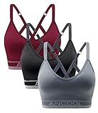 ANGOOL Sport BH Damen Einstellbarer Schultergurt Sport Bustier Damen Gepolstert Starker Halt Nahtlose Joggen Yoga Fitness Bra, 3er Pack, Schwarz + grau + rot, XL