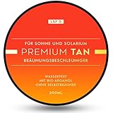 Premium Tan Solarium Bräunungsbeschleuniger LSF 0, 200 ml - Mit Bio-Arganöl, Wasserfest, Parabenfrei, Ohne Tierversuche - Solarium Creme ohne Selbstbräuner - Wirksam auch in der Sonne