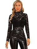 Allegra K Damen Langarm Durchsichtig Spitze Oberteil Stehkragen Mesh Blumen Lace Hochgeschlossene Top Bluse Schwarz M