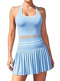 ATTRACO 2-teiliges Tenniskleid für Damen, hohe Taille, Faltenrock-Set, nahtlos, Colorblock-Golf-Outfits, 2 hellblau, S