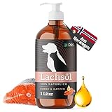 Lachsöl Hunde 1L in praktischer Flasche mit Pumpspender, Lachsöl Katze mit Omega 3 & 6, norwegisches Lachs Öl 100% natürlich, Fischöl für Hunde und Katzen, Salmon Oil for Dogs Fish Oil, Fellpflege