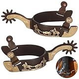Retro-Sporen aus kohlenstoffarmem Stahl, 2 Stück, Westernsporen mit drehbarem Getriebe, antikes Kupfer- und Messing-Design mit gravierten Rändern, für Westernkleidung