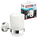 tesa SMOOZ Zahnputzbecher mit Halterung - Becher aus satiniertem Glas, verchromte Wandhalterung - zur Wandbefestigung ohne Bohren, inkl. Klebelösung - 113 mm x 79 mm x 124 mm