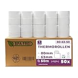 Thermorollen 80mm x 50m x 12mm - Kassenrollen - Bonrollen für Registrierkasse mit Bondrucker - Thermopapier für Kassensysteme – BPA Frei (Medium - 80x63x12 - 50 Meter - 50 Rollen)