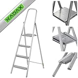 KADAX Klappleiter mit 4 Stufen, Stahlleiter mit Antirutsch-Füßen und Ablage, Trittleiter für Haushalt, breite Stufen