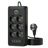Power Strip 11Fach Mehrfach Steckdose mit Schalter Steckdosenleiste 6Fach Steckerleiste mit 4USB und 1Type-C Mehrfachstecker Überspannungsschutz, 2M Verlängerungskabel Steckdosenturm für Zuhause Büro