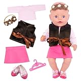 Atomvia Babypuppenkleidung für 35-43 cm Puppen, 6-teiliges Outfit inklusive Top+Westenjacke+kurzer Rock+Schuhe+Haarband+Kleiderbügel für 35.6-45.7 cm Puppen (Puppe nicht enthalten)