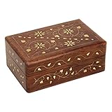 Ajuny Hand Crafted Wooden Decorative Trinket Jewelry Box Organiser with Mughal Inspired Floral Carvings & Brass Inlay-Centre Flower