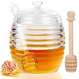 SHINELINE Glas Honigspender mit Honiglöffel und Deckel, 8 Ounces Transparentes Honiggläser + 2 Stück Honigstangen Set, für Sirup Bienenstock Küche Speicherung