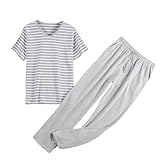 Generisch Schlafanzug Herren 2-Teiliges Set mit Gestreiftes Tshirt und Lang Kordelzug Hosen Baumwolle Pyjama Bequem Loungewear Casual Hausanzug Kurz Streifen Nachtwäsche Rundhals Sleepwear