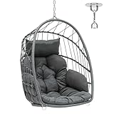 YITAHOME Hängesessel Max. Belastung 150kg Hängestuhl ohne Gestell 2 Kissen, Stabiler Rattan-Rahmen, 105x74x72cm Hängesessel Hängend mit Einer Kette & S-Haken für Terrasse, Garten, Wohnzimmer, Grau