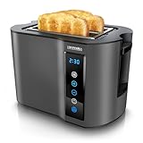 Arendo - Touch Toaster 2 Scheiben Edelstahl - Touchpanel - digital Display Restzeitanzeige - 800 W – Doppelwandgehäuse – mit Brötchenaufsatz – 7 Bräunungsgrade – Brotscheibenzentrierung - Cool Grey