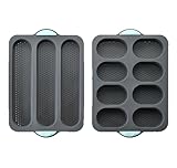 HONYUET 2-teilig Silikon Backformen Set, 35 x 24 x 3 cm Grau 3 Mulden Baguetteform und 8 Mulden Brötchenform, Baguetteblech Antihaftbeschichtet Perforiert mit Grifffen, Für Brot Brötchen Bäckerei