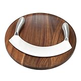 Holzschneidebrett Set Rundes Kräuterbrett mit Wiegemesser, konkaves Servierbrett passend zum Schneiden von Gemüse, Kräutern, Brot, Zwiebeln - Akazienholz 2,5 cm dick