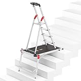 Hailo Stehleiter L80 ComfortLine im Set mit TP1 Treppenpodest - klappbare Aluleiter mit 4 XXL-Sicherheits-Stufen - Arbeitsplattform mit stabilem Rahmen aus Aluminium - belastbar bis 150 kg