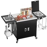 GFTIME Grillwagen, outdoorküche, rollbare Kücheninsel aus Edelstahl mit Aufbewahrungsschrank, Eisbox, Spüle, Outdoor küche, Pizzaofen-Tisch,Küchenwagen, Servierwagen, Grilltisch,155x63x89cm