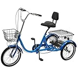Fliuyr Dreirad für Erwachsene,16 Zoll Fahrrad,3-Rad-Dreirad Fahrrad,EIN-Gang-Getriebe,Doppel-Bremse,Rwachsenen Dreirad Cityräder mit Rückenlehne und 2 Shopping Korb für Erwachsene,Frauen (Blau)