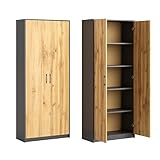 Aktenschrank mit 5 Fächern Mehrzweckschrank Haushaltsschrank in mattem Finish mit 4 Einlegeböden und 2 Türen, 74 cm breit aus Laminatplatte und hochwertigen Polymergriffen Graphit Eiche