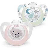 Nuk Star Night & Day Baby Schnuller 0-6 Monate, phosphoreszierende Lutscher, BPA-freies Silikon, rosa Katze, 2 Stück
