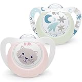 NUK Star Night & Day Baby Schnuller 0-6 Monate, leuchtet im Dunkeln, BPA-freies Silikon, rosa Katze, 2 Stück