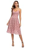 Atnlewhi Damen Vintage ärmellosen V-Ausschnitt A-Linie Kleid Blumen Knielang Spitzenkleid Brautjungfer Elegante Cocktailkleider - Rosa - S