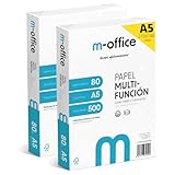 A5-Papier, 80 g, 2 Packung mit 500 Blatt, Multifunktionspapier für Inkjet- und Laserdrucker, A5-Blätter, 148 x 210 mm, ideal für Büro und Zuhause · m-office (1000 Blatt)