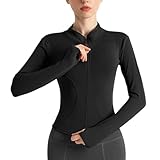 Sport Oberteile Damen, Langarm Sportshirt Laufshirt mit Daumenloch, Langarm Gym T-shirt mit Langer Reißverschluss, Fit Fitness Yoga Shirt, Stehkragen Leicht Sportjacke Sweatshirt