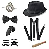 20er Jahre Accessoires Herren, Mafia Kostüm Herren, Peaky Blinders Kostüm, Gangster Kostüm Herren mit Panama Gangster Hut Verstellbar Hosenträger Taschenuhr Fliege Krawatten Bärte für Karneval Partys