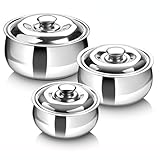 SIGNORA WARE Große isolierte Auflaufform mit Deckel, 3er-Set, Edelstahl-Heißtopf, Speisenwärmer, Kühler, Thermo-Suppen-/Salat-Servierschüssel, Edelstahl-Behälter für heiße Speisen, bestes Geschenk-Set
