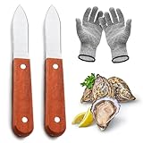 BEWOS 6,8 Zoll/17,3 cm Scharfes Austernmesser-set, 2-teilig–mit hochwertigem Holzgriff, 4-teiligen Schnittfeste Austernhandschuh, geeignet für alle Arten von Schalen und zum Öffnen von Austern