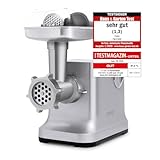 Caso FW2000 Elektrischer Fleischwolf, inkl. Spritzgebäck, Aufsatz 800 W nominal, 2000 W locked, ca. 2kg/ Minute, Alu Guss Gehäuse, starker Motor, Silber