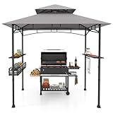 COSTWAY Grillpavillon mit Doppeldach, Seitenregalen, Metallkorb, Haken und Flaschenöffner, Grillüberdachungen wetterfest, Grillunterstand für Garten, Außenbereich, 242 x 153 x 250 cm