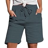 Generisch Shorts Damen Sommer Leinen Musselin Kurze Hose mit Taschen Sport Laufhose Kordelzug Stretch Stoffhose Freizeit Sportshorts