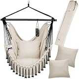 tectake® Hängesessel Outdoor wetterfest oder Indoor mit Tabletfach und Getränkehalterung, Makramee Schaukel für Balkon, Hängestuhl Garten, Hängeschaukel belastbar bis 150 kg - beige