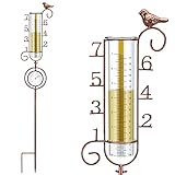 SYSUVANA Regenmesser Metall Vogel Garten Glas Niederschlagsmesser mit Thermometer für Rasen, Hof und Garten Dekoration, Höhe 83cm