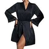 NHNKB Hausmantel Damen Kimono Damen Japanisch Kurz Damen-Bademantel Eisseide mit Besatz, seidiger Kimono, Federbesatz an den Manschetten, langer Bademantel mit Krawatte (Black, M)