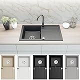 Faizee Möbel | Spülbecken Granit Nachtschwarz 75x44 cm | Hochwertige Küchenspüle & Einbauspüle | Eckiges Spülbecken | Beidseitig montierbare Granitspüle | Einbaugranitspüle ab 45 cm | Inkl. Siphon-Set