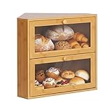 Relaxdays Eck-Brotkasten Bambus, 2 Etagen, Brotlade mit Sichtfenster, HBT: 35x40x27,5 cm, Brotbox platzsparend, natur