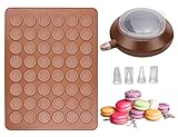 Macarons Backmatte aus Silikon 48 Mulden Antihaftbeschichtet Macaron Silikonmatte Silikonform mit Dekorationsstift, 4 Düsen Makronenplatte BPA Frei Makronenformen für Cupcake, Dessert, 38 x 28cm