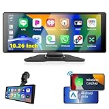 Podofo 10.26 Zoll IPS Tragbares Autoradio mit Kabelloses Carplay Android Auto Touchscreen Digitaler Medienempfänger 7-32V Touchscreen mit Bluetooth/FM Transmitter/AUX/GPS/Airplay/SD/TF