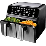 La Moustache - Heißluftfritteuse 8L mit 2 Separaten Körben, Ölfreie Fritteuse 1700W, 10 Programmen, Air Fryer Digital Control, Antihaftbeschichtete, Timer, Inkl. E-Book mit Rezepten (DuoFry Gray)