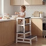Spielwerk® Lernturm ab 2 Jahren Kinder mit Tafel Montessori 93cm Hoch Learning Tower 100kg Belastbar Trittschemel Kiefer Lernstuhl Küche Grau Holz
