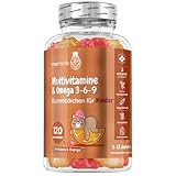 Multivitamin Gummibärchen für Kinder - Mit Omega 3 6 9, Vitamin C- 120 Multivitamin Kinder Gummies - Vitamin D3, B7, B12, E, Jod, Zink - Mit Himbeer & Orangengeschmack - maxmedix