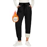 CAMPSNAIL Warme Jogginghose Damen Gefütterte mit 2 Taschen Kordelzug Winter Fleece High Waist Lange Sportleggins Trainingshose Freizeithose Sweathose Schwarz,L