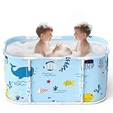 Faltbare Badewanne für Dusche, 92L x57W x 56H cm, freistehende Badewanne mit Sitz, Warmwasserdusche, Eisbad, Sauna, Massagewanne, tragbares Eisbad für Erwachsene (hellblau Ozean-Stil)
