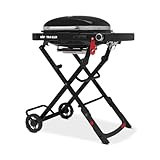 Weber Traveler Compact Gasgrill, 1 Brenner, 52 x 36cm Grillfläche, portabler Outdoor BBQ, mit Deckelthermometer, Stand mit Rädern einklappbar - Schwarz (1500526)