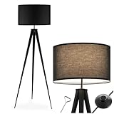tectake® Dreibein Stehlampe, Lampe im retro boho Stil, gemütliches Ambient Light für Schlafzimmer, Wohnzimmer, als Esszimmerlampe, Lampenschirm in Leinenoptik, modern skandinavisch - schwarz