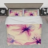 LANDERSION Abstrakter Blumendeckenbezug Moderne Aquarellkunst Lila-Beige Bettwäsche Set 3-teilige Schlafzimmerdekoration Bettdeckenbezug mit Reißverschluss 180x200cm