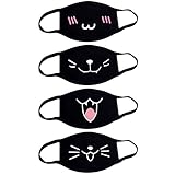Fashionapple 4 Stück Mundschutz Anime Cartoon Maske Unisex Baumwolle Anti-Staub Mode Kawaii süße mundschutz Wiederverwendbare Emotionsmaske schwarz mit Motiv
