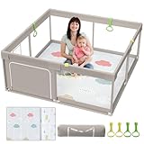 Uanlauo laufstall baby mit Spielmatte,150x150cm laufgitter baby,XXL Kinder laufgitter,Innen&Außen Baby Laufstall mit Reißverschlusstür,Baby-Aktivitätsbereich mit 4 Ziehringen